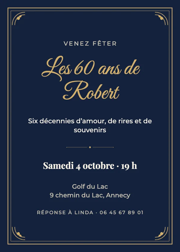 Invitation anniversaire Cadre bleu nuit et or