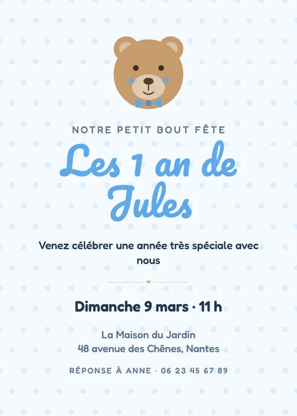 Invitation anniversaire Ourson 1 an