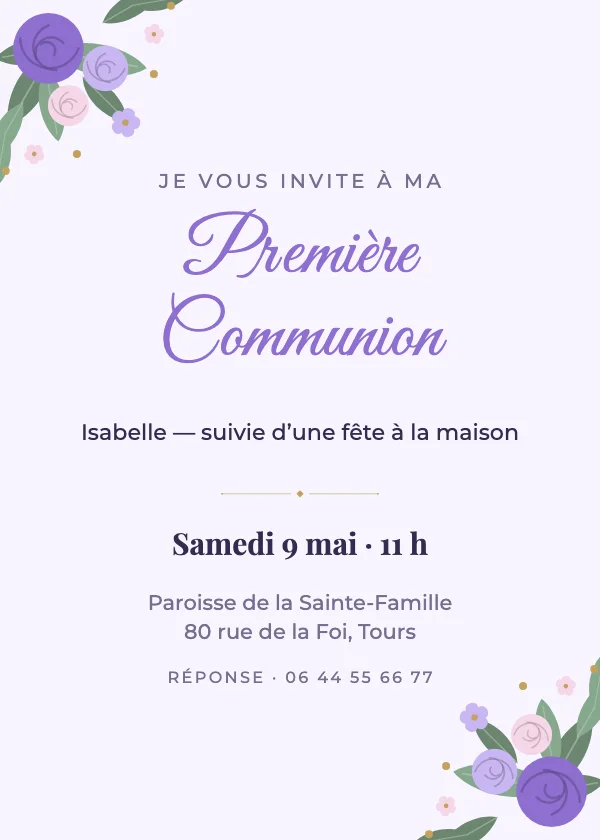 Invitation baptême Communion lavande