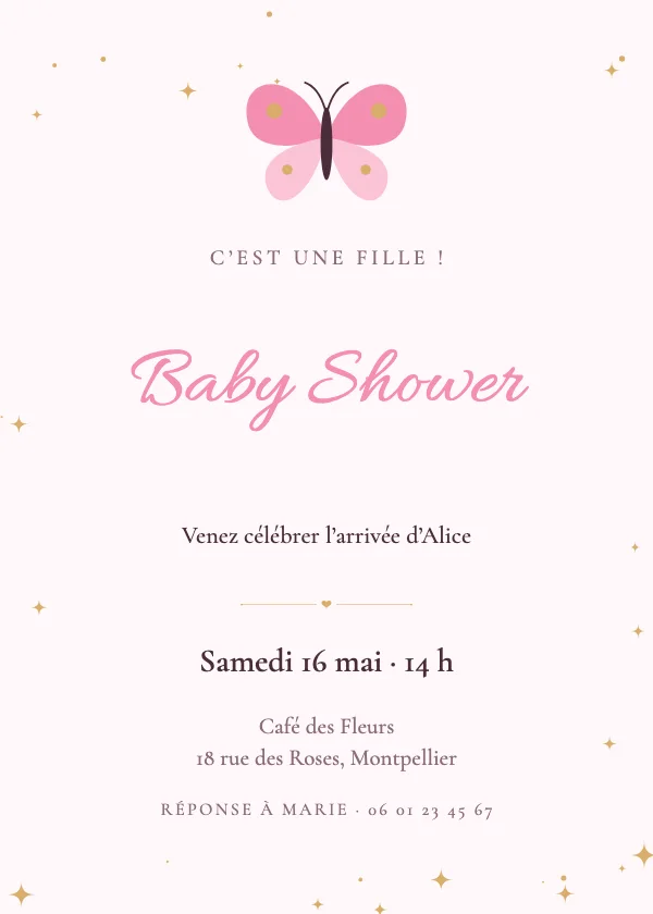 Invitation baby shower Bisous papillon