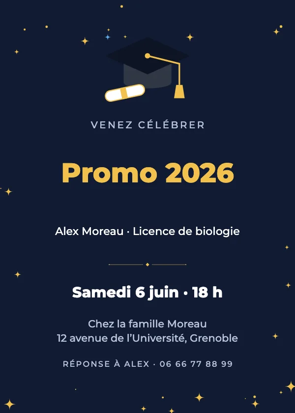 Invitation remise de diplôme Toque bleu et or