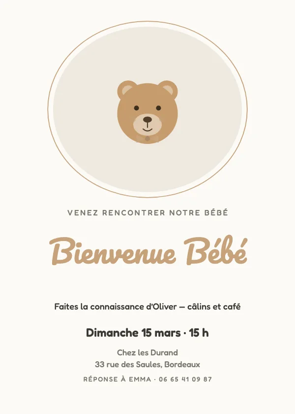 Invitation Bienvenue Bébé Ourson ovale