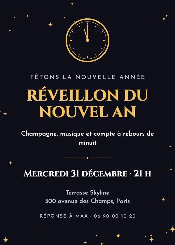 Invitation réveillon du Nouvel An Horloge du compte à rebours