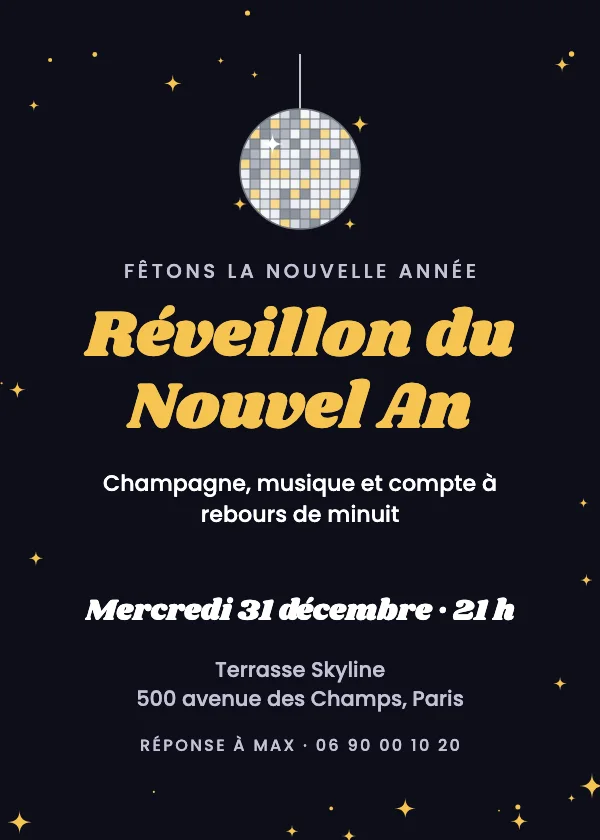 Invitation réveillon du Nouvel An Boule disco