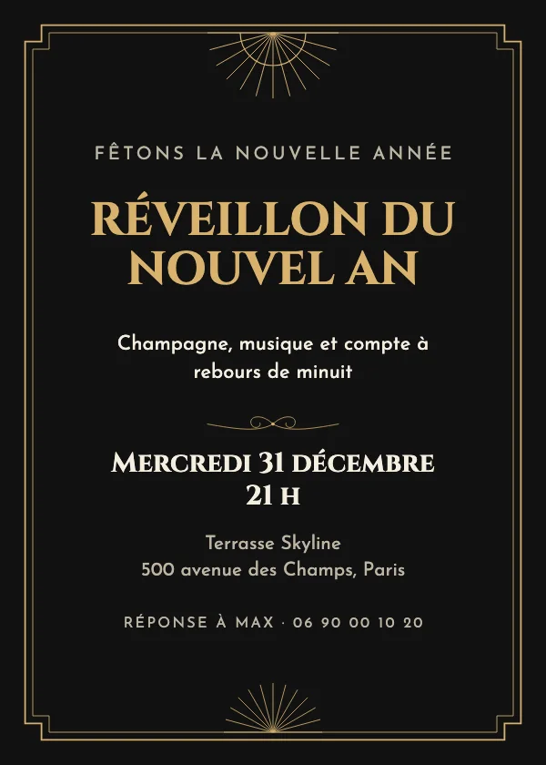 Invitation réveillon du Nouvel An Art déco doré