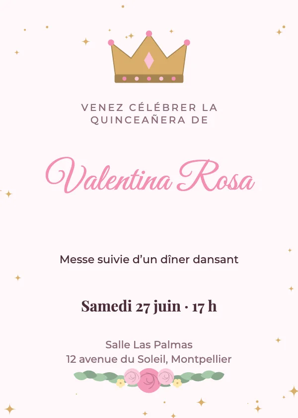 Invitation Quinceañera Couronne et roses