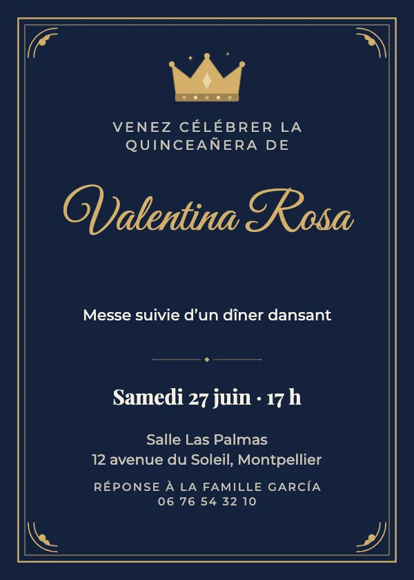 Invitation Quinceañera Cadre doré royal
