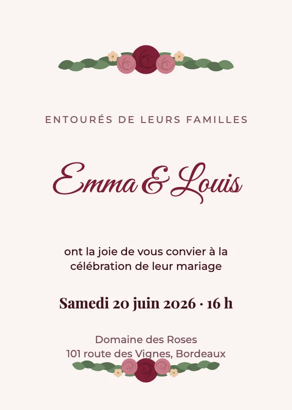 Faire-part de mariage Fleurs bordeaux