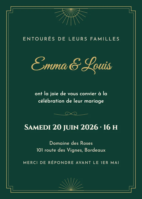 Faire-part de mariage Art déco émeraude
