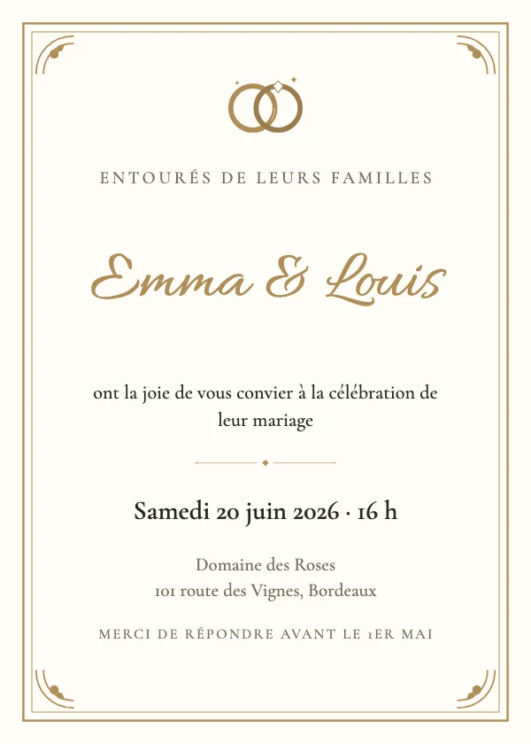 Faire-part de mariage Cadre ivoire et or