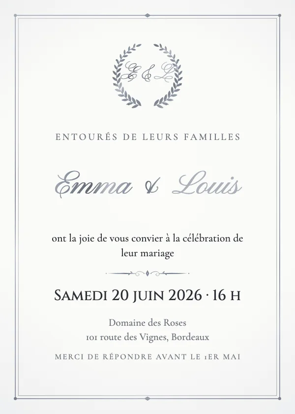 Faire-part de mariage Monogramme de lauriers