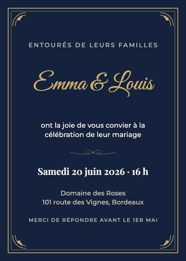 Faire-part de mariage Bleu nuit et or