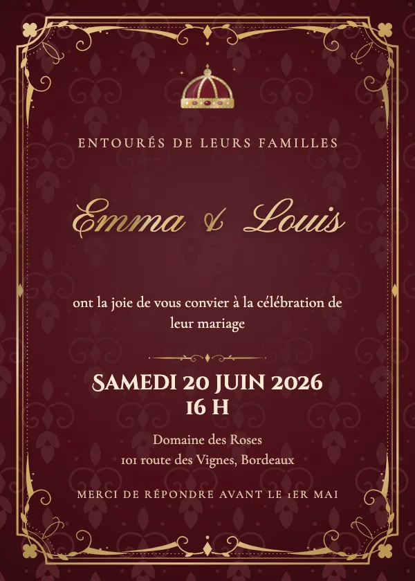 Faire-part de mariage Baroque de velours