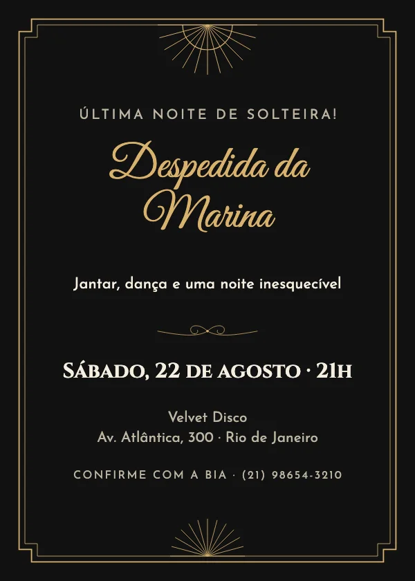 Convite de Despedida de Solteira Preto e dourado déco