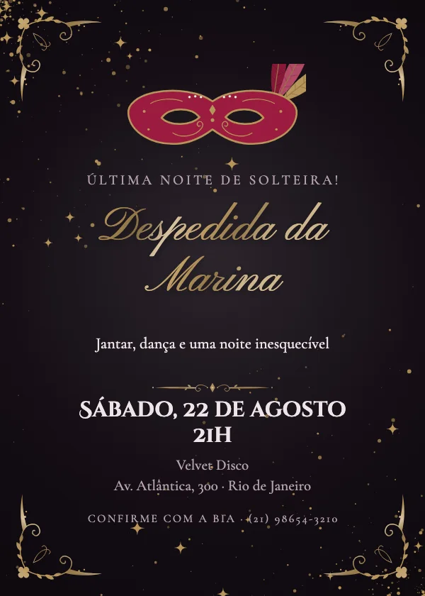 Convite de Despedida de Solteira Baile de máscaras