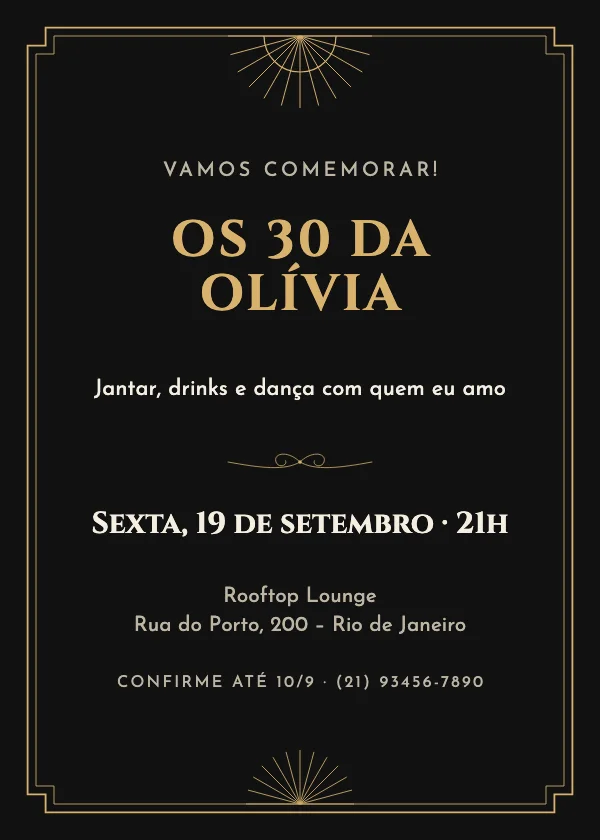 Convite de aniversário Preto e dourado déco