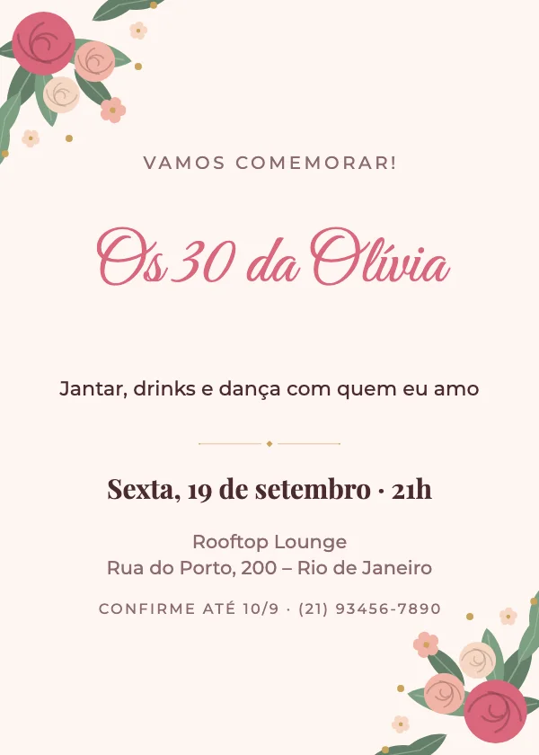 Convite de aniversário Flores rosé