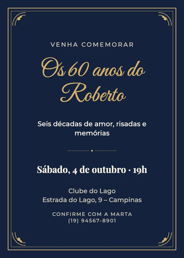 Convite de aniversário Moldura azul e dourada