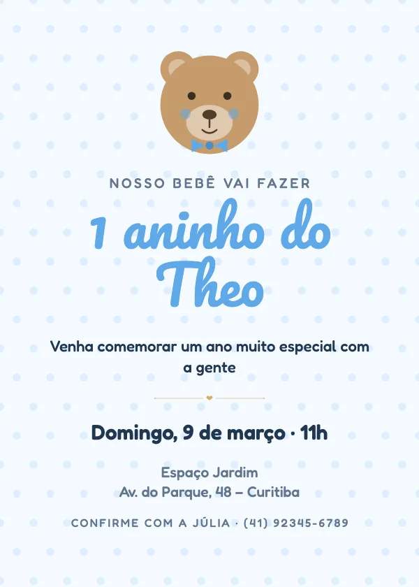 Convite de aniversário Ursinho 1 aninho