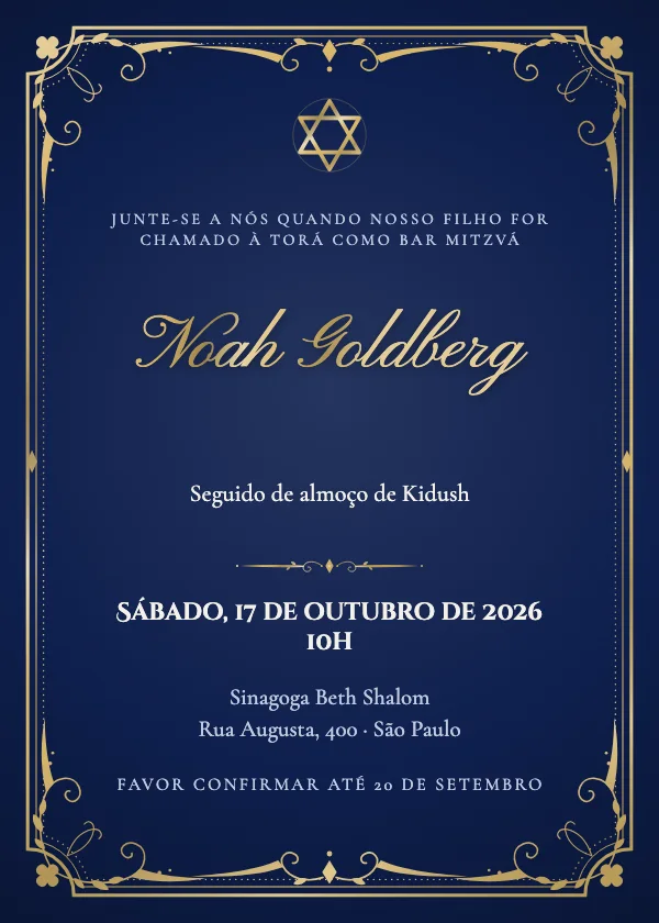 Convite de Bar Mitzvá Moldura dourada