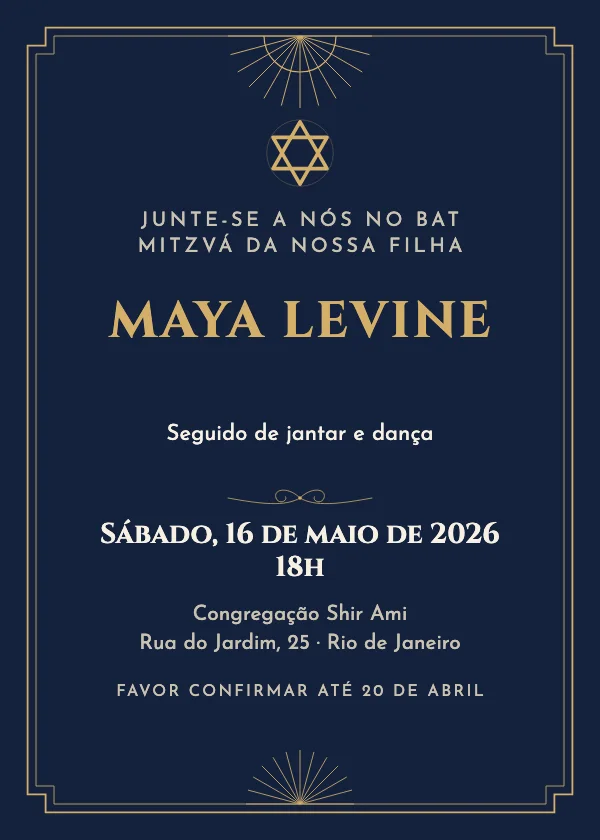 Convite de Bar Mitzvá Preto e dourado déco