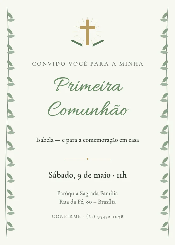 Convite de batizado Comunhão verde