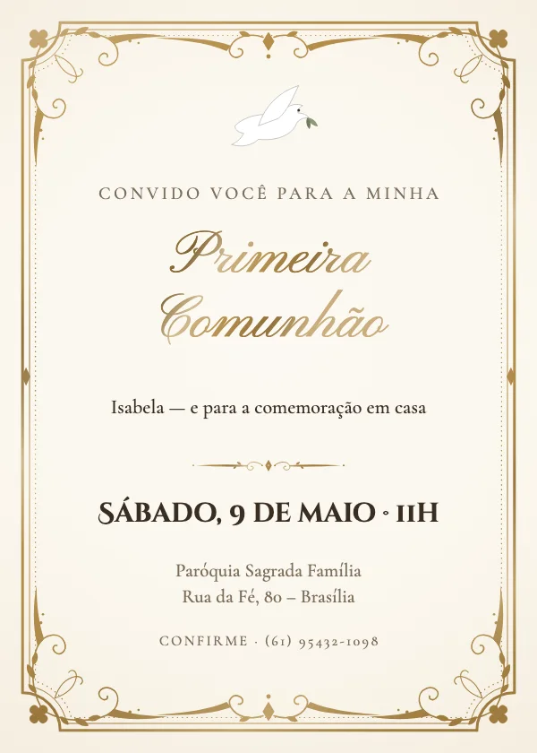 Convite de batizado Moldura dourada