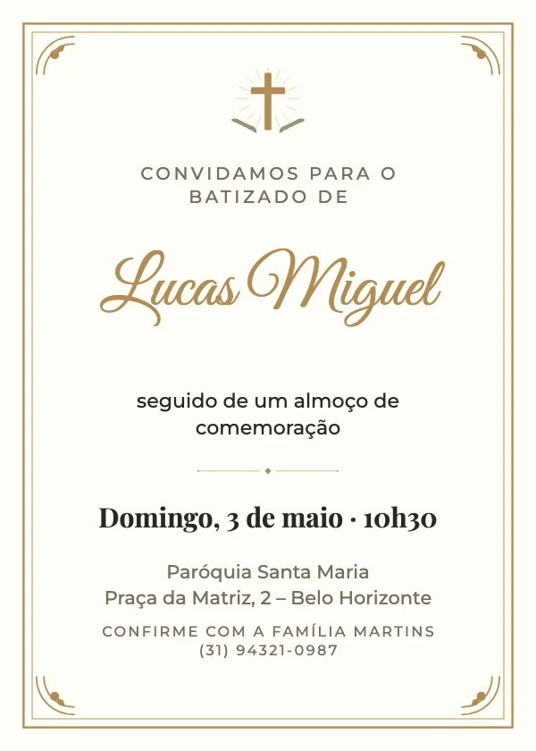 Convite de batizado Cruz dourada