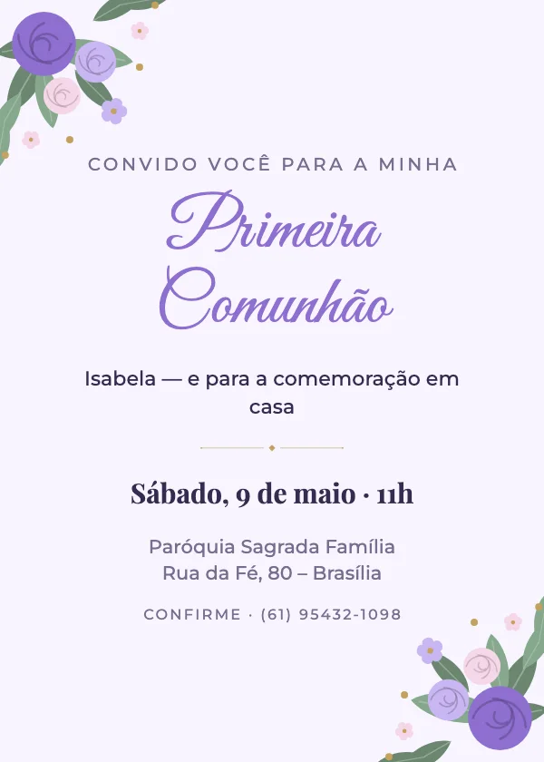 Convite de batizado Comunhão lavanda