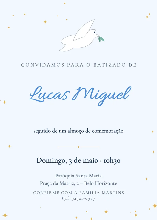 Convite de batizado Pomba da paz