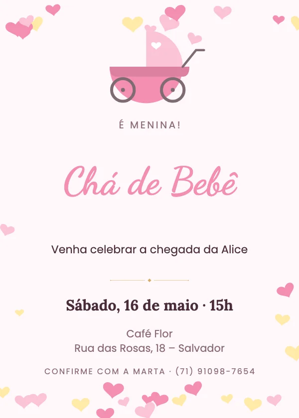 Convite de chá de bebê Carrinho rosa