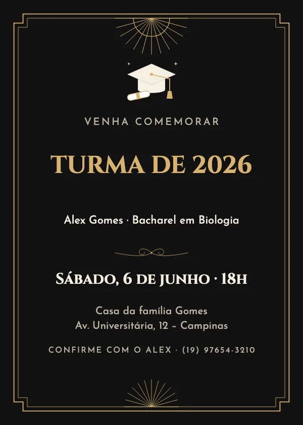 Convite de formatura Preto e dourado