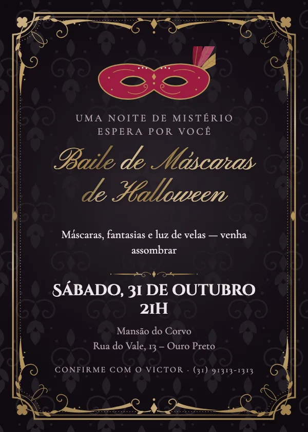 Convite de Halloween Baile de máscaras