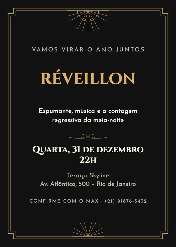 Convite de Réveillon Art déco dourado