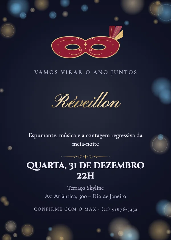 Convite de Réveillon Baile de máscaras