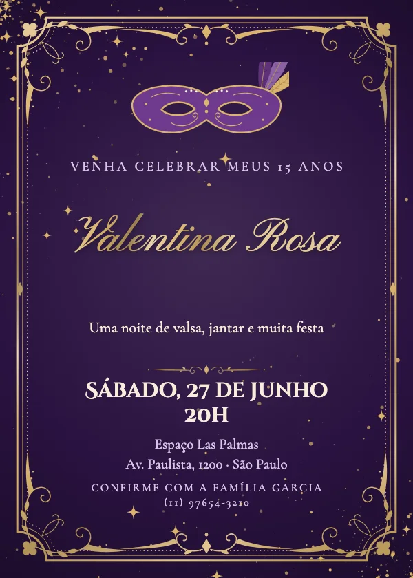 Convite de 15 Anos Baile de máscaras