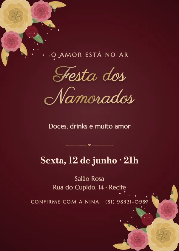 Convite de Dia dos Namorados Rosas de veludo