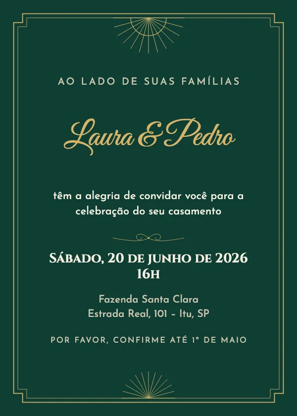 Convite de casamento Art déco esmeralda