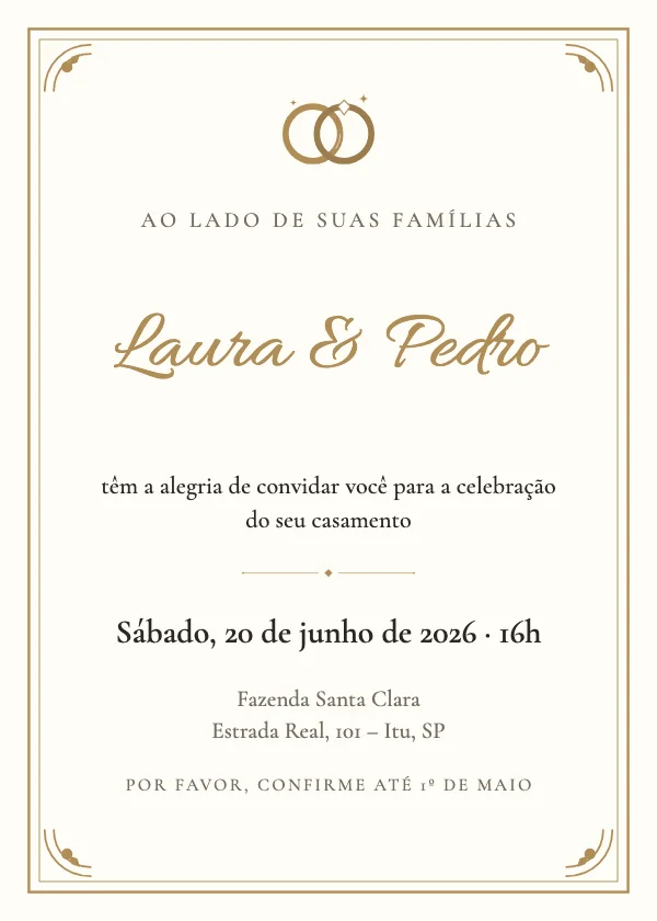 Convite de casamento Moldura marfim e dourada