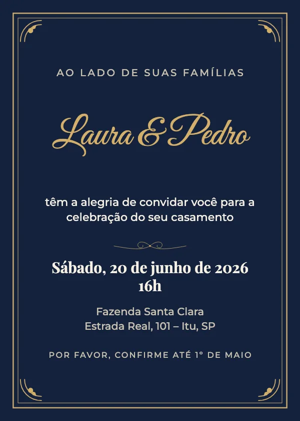 Convite de casamento Azul-marinho e dourado